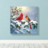 赤い深紅色とホリーが雪の中 キャンバスプリント (インサイチュ (ウッドフロア))