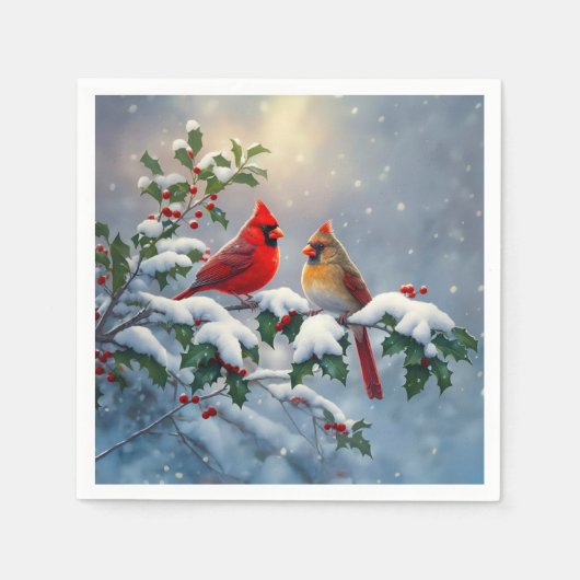 赤い深紅色とホリーが雪の中 スタンダードカクテルナプキン (正面)