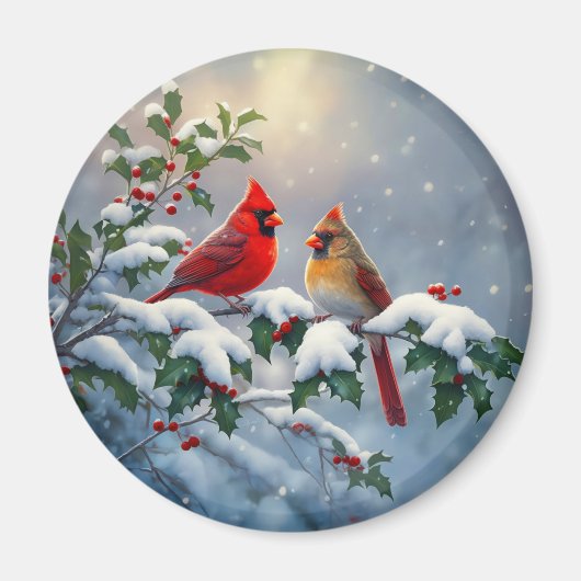 赤い深紅色とホリーが雪の中 マグネット (正面)