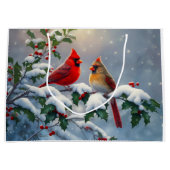 赤い深紅色とホリーが雪の中 ラージペーパーバッグ (正面)