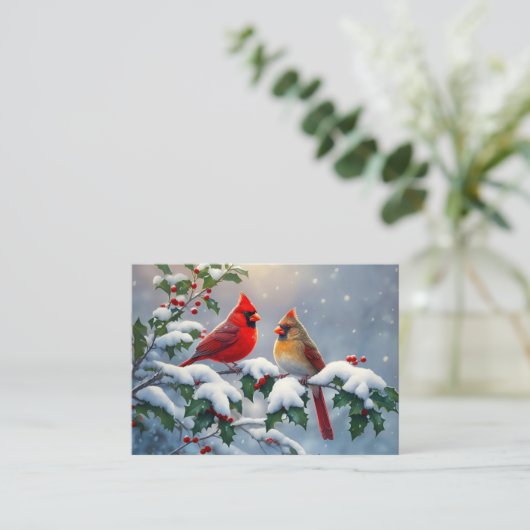 赤い深紅色とホリーが雪の中 名刺 (スタンド正面)