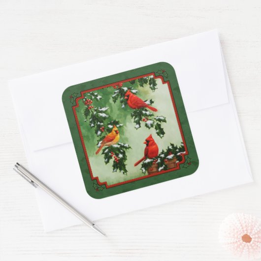 赤い深紅色とホリーグリーン スクエアシール (封筒)