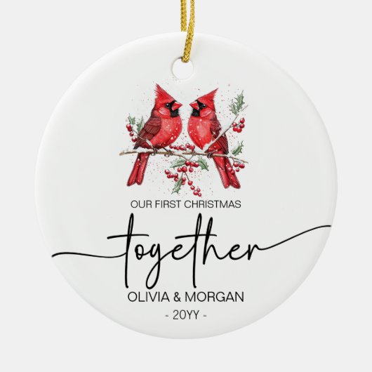 赤い深紅色初めてのクリスマスの名前 セラミックオーナメント (正面)