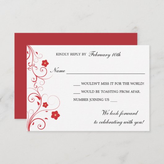 赤い渦巻きと花の応答カード 招待状 (正面/裏面)