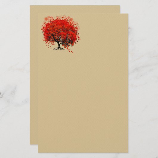 赤い渦巻きハートの花の木（黄色） 便箋 (正面/裏面)