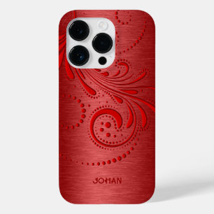 赤い渦巻きメタリック赤ブラシ仕上げスチールの外観 Case-Mate iPhone 14 PROケース