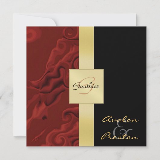 赤い渦巻きモノグラムのフォーマルな結婚式招待状 招待状 (正面)