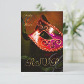 赤い渦巻き仮面パーティーへの招待状の出欠確認カード 出欠カード (スタンド正面)