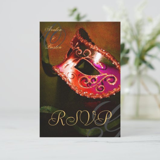 赤い渦巻き仮面舞踏会マスク RSVP 返信招待状 (スタンド正面)