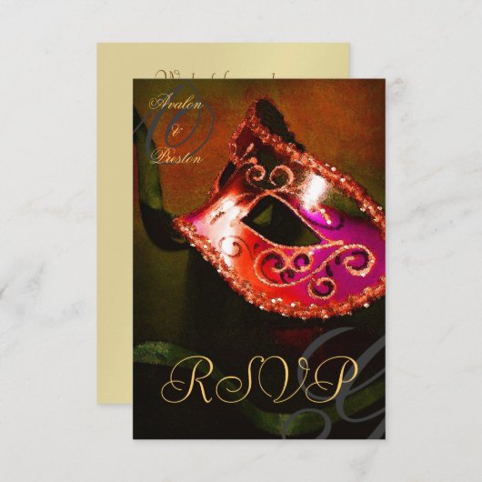 赤い渦巻き仮面舞踏会マスク RSVP 返信招待状 (正面/裏面)