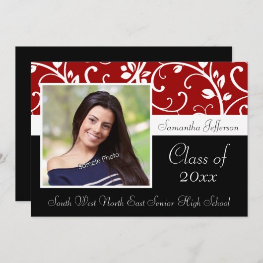 赤い渦巻形のつる植物写真の卒業発表 招待状 (正面/裏面)