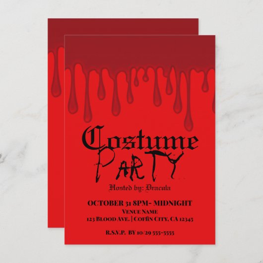 赤い滴下血がハロウィーンの衣装パーティー 招待状 (正面/裏面)