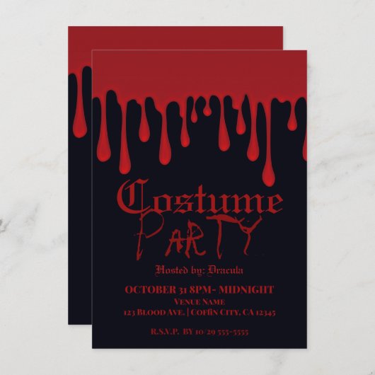 赤い滴下血がハロウィーンの衣装パーティー 招待状 (正面/裏面)