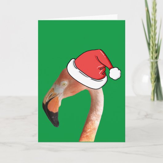 赤い漫画のサンタ帽子をかぶったピンクのフラミンゴ シーズンカード (正面)