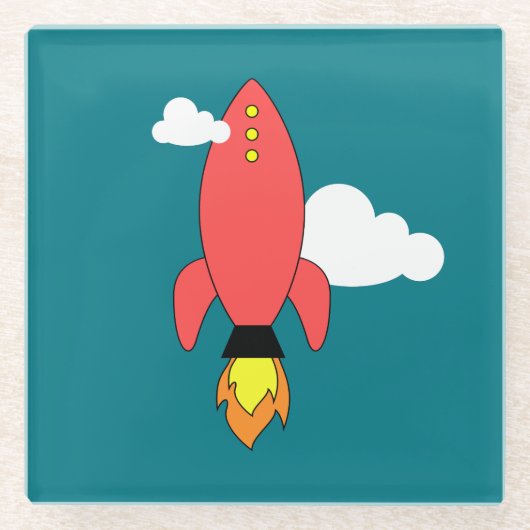 赤い漫画のロケット ガラスコースター (正面)
