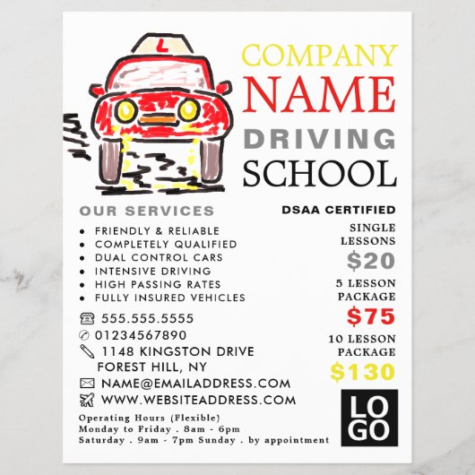 赤い漫画の車、ドライビングスクール、インストラクター広告 チラシ (正面)