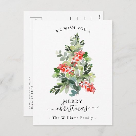 赤い漿果と柊のクリスマスの木聖降誕祭 シーズンポストカード (正面/裏面)