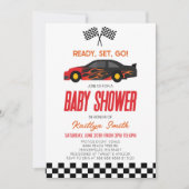 赤い火炎レースカー市松模様にレースフラグ赤ちゃんシャワー 招待状 (正面)