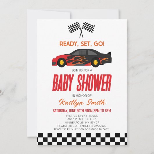 赤い火炎レースカー市松模様にレースフラグ赤ちゃんシャワー 招待状 (正面)