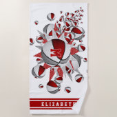 赤い灰色のバスケットボールが女の子をモノグラムの主演 ビーチタオル (正面)