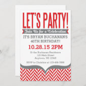 赤い灰色のモダンなヘリンボン誕生日の招待状 招待状 (正面/裏面)