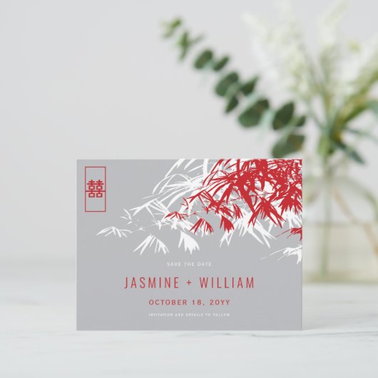 赤い灰色の禅の竹中国のの結婚式の日付を保存 案内ポストカード (スタンド正面)