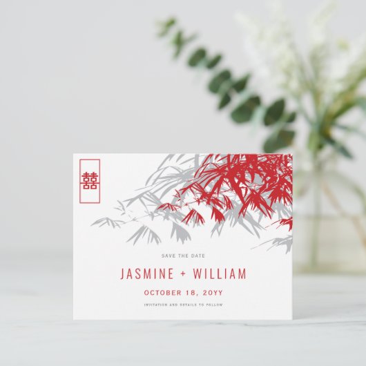 赤い灰色の禅の竹中国のの結婚式の日付を保存 案内ポストカード (スタンド正面)