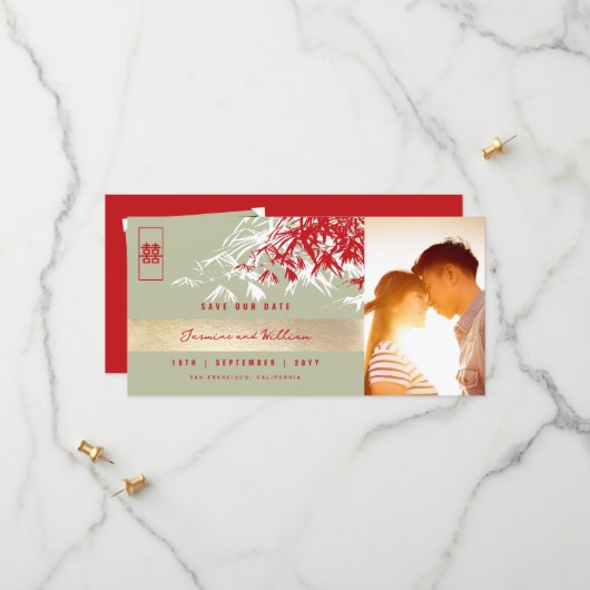 赤い灰色の禅葉竹の写真中国の結婚s セーブザデート (正面/裏面インサイチュ)