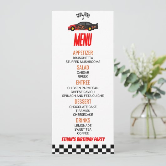 赤い炎のレースカーの誕生日パーティーフード メニュー (スタンド正面)