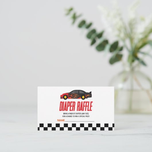 赤い炎レースカー赤ちゃんシャワーおむつラッフル エンクロージャーカード (スタンド正面)