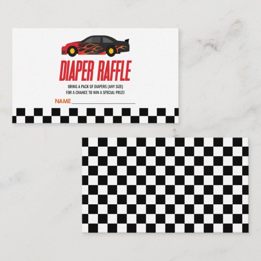 赤い炎レースカー赤ちゃんシャワーおむつラッフル エンクロージャーカード (正面/裏面)