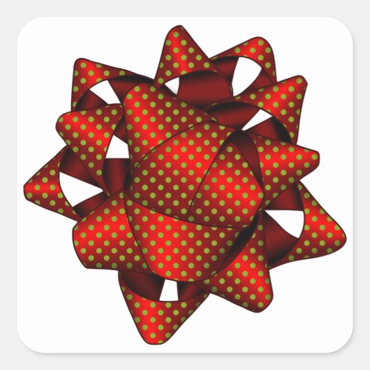 赤い点々のある弓、四角いステッカー、光沢 スクエアシール (正面)