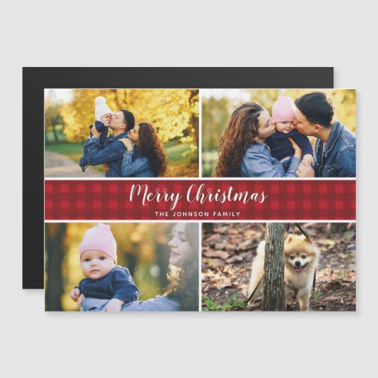 赤い点検のクリスマスの磁気休日の写真カード (正面/裏面)