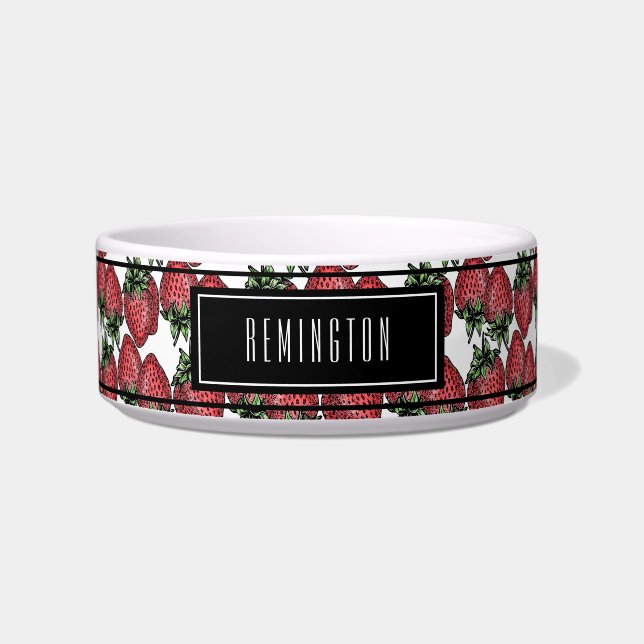 赤い熟したイチゴ模様のカスタムペット名  ボウル (正面)