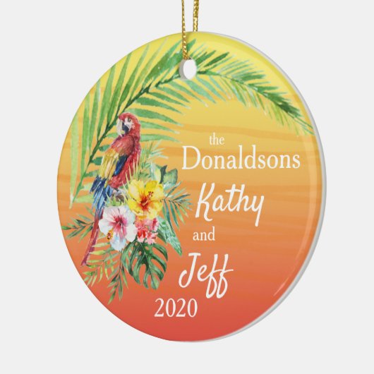 赤い熱帯のオウムのヤシの葉の花の名前の写真 セラミックオーナメント (左)