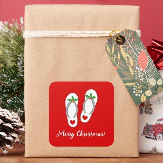 赤い熱帯クリスマスホリーリーフビーチビーチサンダル スクエアシール (クリスマス)