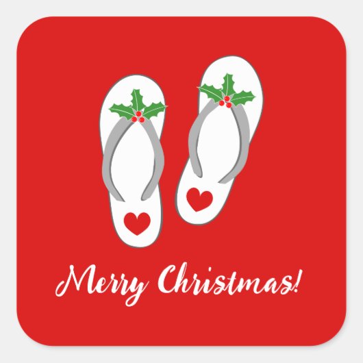 赤い熱帯クリスマスホリーリーフビーチビーチサンダル スクエアシール (正面)