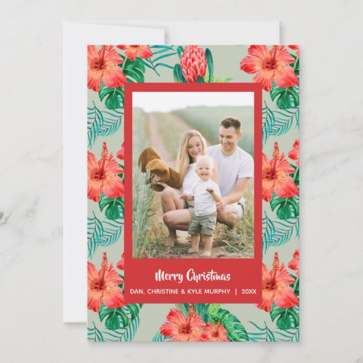 赤い熱帯フローラのクリスマスフォト シーズンカード (正面)