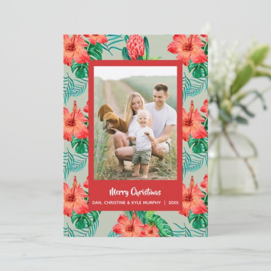 赤い熱帯フローラのクリスマスフォト シーズンカード (スタンド正面)