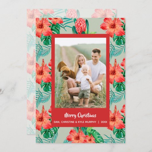 赤い熱帯フローラのクリスマスフォト シーズンカード (正面/裏面)