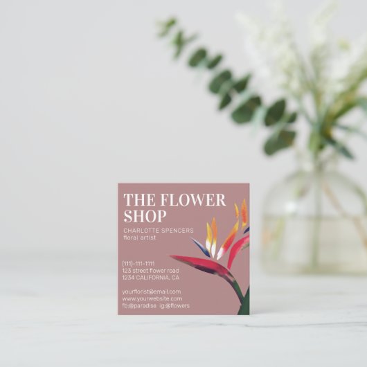 赤い熱帯フローライラストレーションフローリスト広場 スクエア名刺 (スタンド正面)