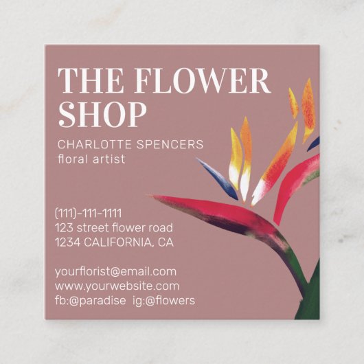 赤い熱帯フローライラストレーションフローリスト広場 スクエア名刺 (正面)