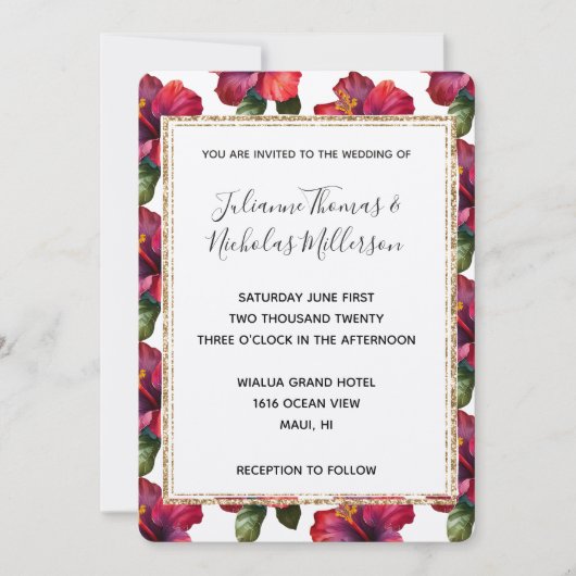 赤い熱帯性ハイビスカス結婚フローラグリッター枠 招待状 (正面)