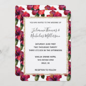 赤い熱帯性ハイビスカス結婚フローラグリッター枠 招待状 (正面/裏面)