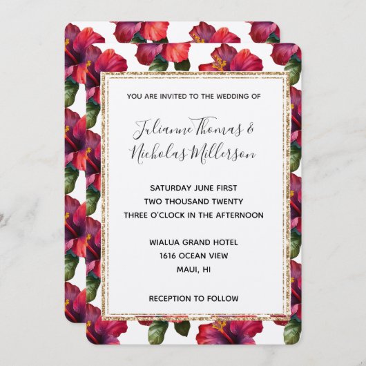 赤い熱帯性ハイビスカス結婚フローラグリッター枠 招待状 (正面/裏面)