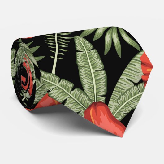 赤い熱帯性花シームレスパタ葉ーン緑 ネクタイ (ロール)