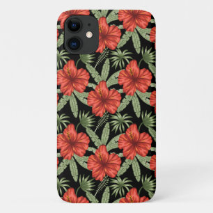 赤い熱帯性花シームレスパタ葉ーン緑 iPhone 11 ケース