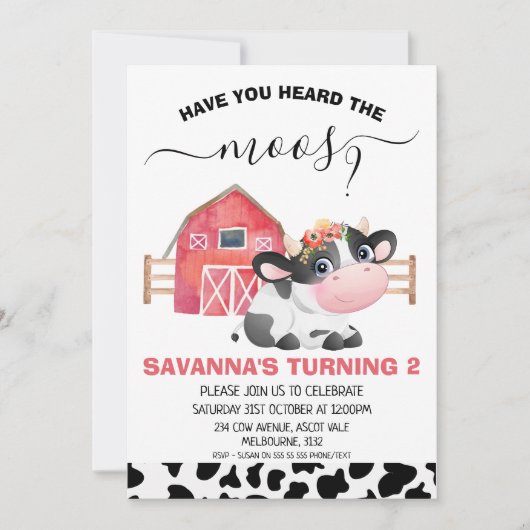 赤い牛のプリントは、あなたがMoosの誕生日を聞いた 招待状 (正面)