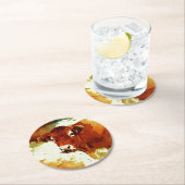 赤い牛絵画 ラウンドペーパーコースター (インサイチュ)