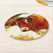 赤い牛絵画 ラウンドペーパーコースター (アングル)